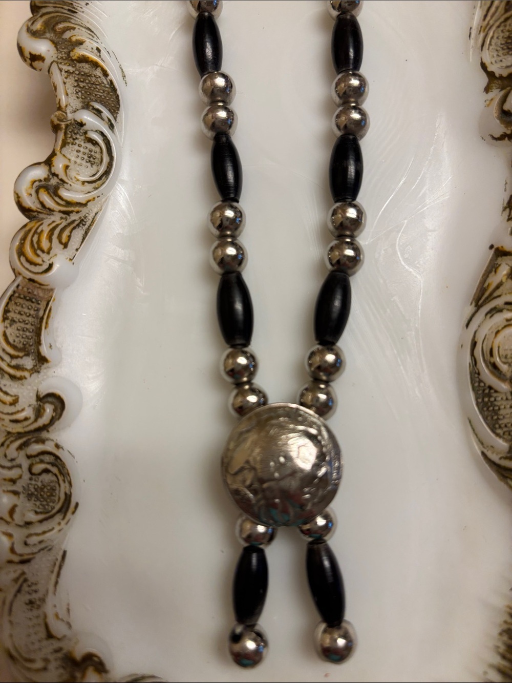 Black and Silver Beaded Necklace with Round Silver Medallion
